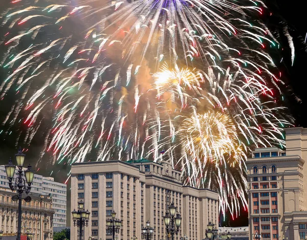 Fireworks over the building of the State Duma of the Federal Assembly of Russian Federation during Victory Day (WWII), Moscow, Russia