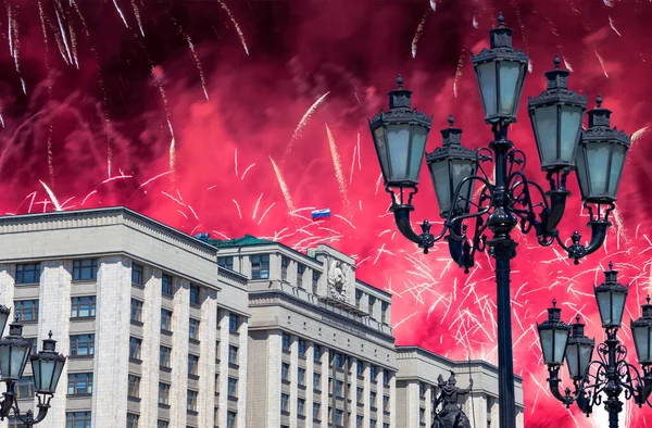 Fireworks over the building of the State Duma of the Federal Assembly of Russian Federation during Victory Day (WWII), Moscow, Russia