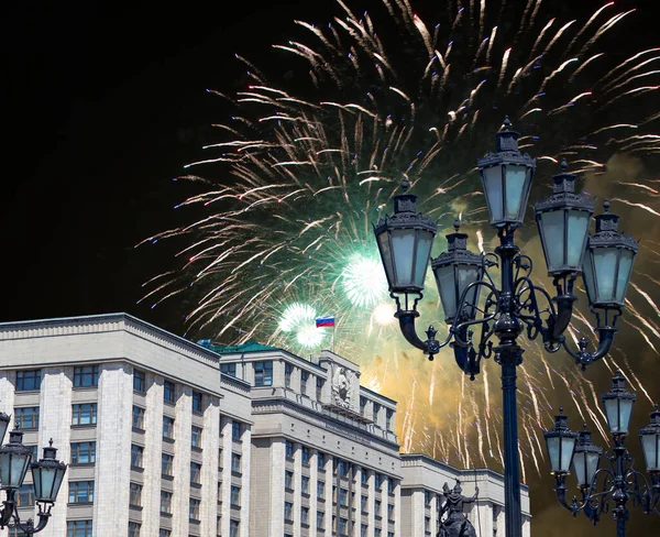 Feux Artifice Sur Bâtiment Douma Etat Assemblée Fédérale Fédération Russie — Photo