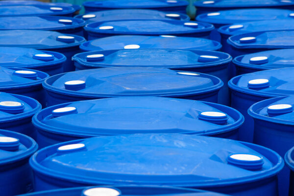 Chemical Plant, Plastic Storage Drums, Blue Barrels Outdoors