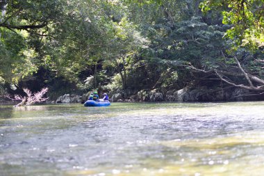 Bir grup insan su sporları nehir teknede kürek yapıyor