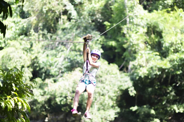 Happy Girl Motion Zipline Tropical Jungle Rainforest Tree Canopy — Stock Photo, Image