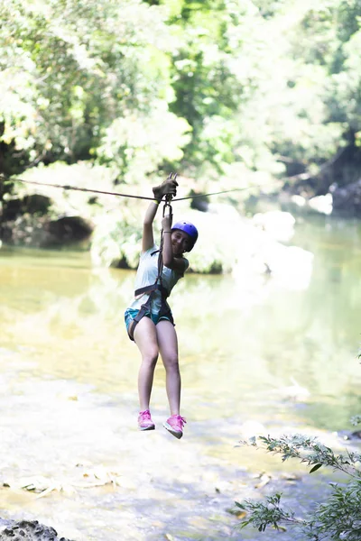 Happy Girl Motion Zipline Tropical Jungle Rainforest Tree Canopy — Stock Photo, Image