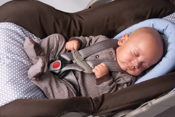 Adorable Little Girl Eating Yogurt Baby Boy Sleeping Safety Seat — Stock Photo, Image