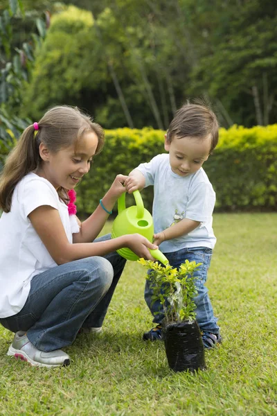 快乐的孩子们在公园里种植花园 — 图库照片