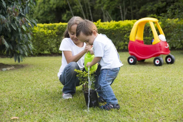 Bambini Felici Piantare Giardino Nel Parco — Foto Stock
