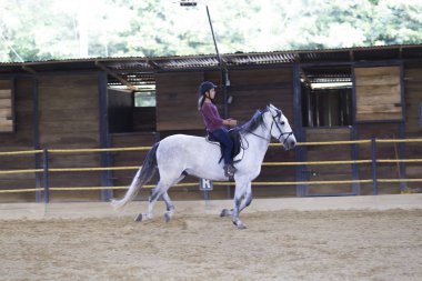 Güzel genç bir çiftlik bir at binme