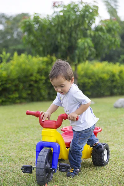 Glücklicher Kleiner Junge Der Sein Spielzeug Park Fährt — Stockfoto