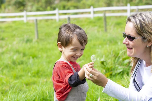 Happy Mother Boy Blowing White Dandelion Outdoors — Stock Photo, Image