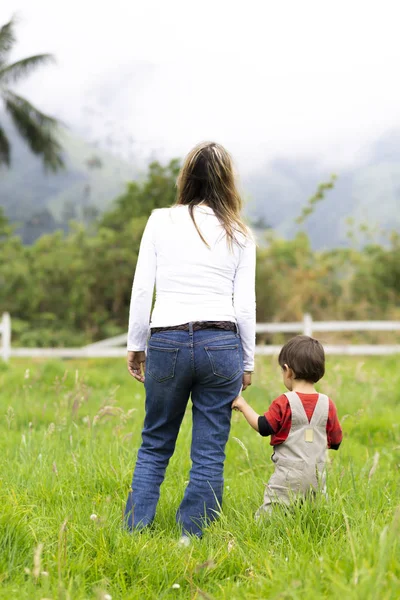 Lovely Mother Boy Walking Together Outdoors — Stock Photo, Image