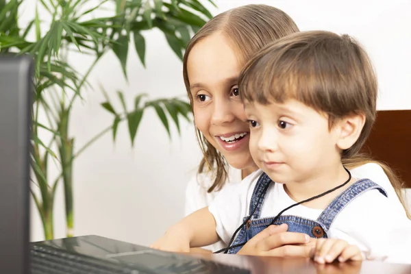 Chica feliz y niño usando el ordenador portátil —  Fotos de Stock
