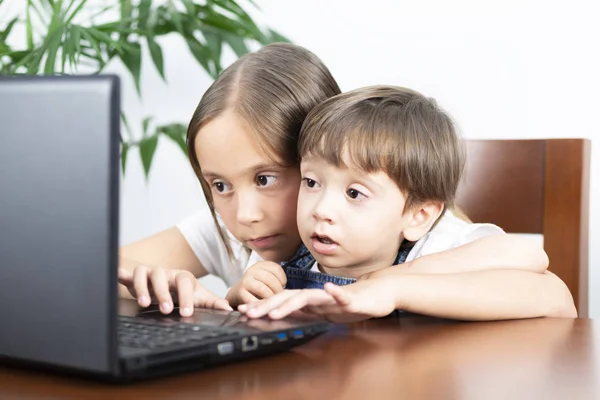 ノートパソコンを使用して幸せな少女と少年 — ストック写真