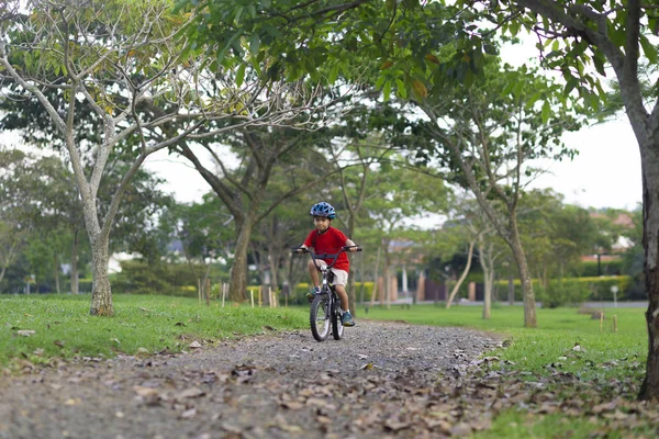 Bir bisiklet sürme neşeli küçük çocuk