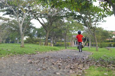 Bir bisiklet sürme neşeli küçük çocuk