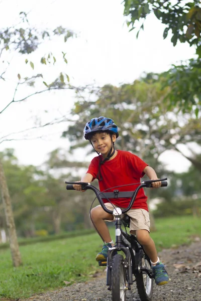 Fröhlicher kleiner Junge auf dem Fahrrad Stockbild