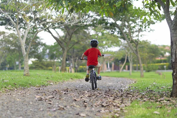 자전거를 타고 있는 쾌활한 어린 소년 스톡 사진