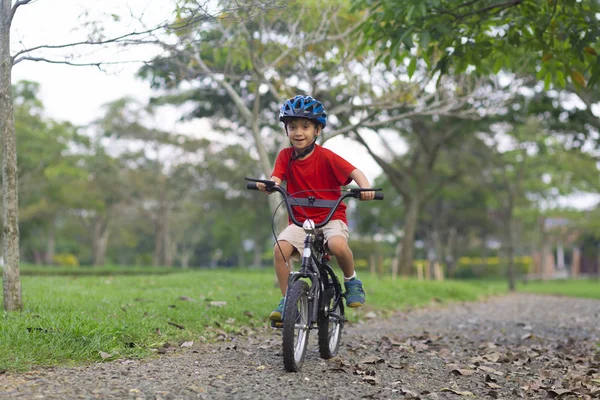 Glad liten pojke rida en cykel Royaltyfria Stockfoton