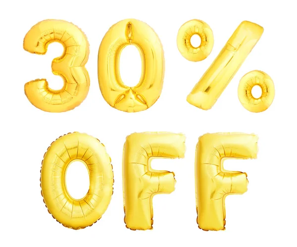 Thirty percent off discount sign made of golden inflatable balloons isolated on white background — Stock Photo, Image