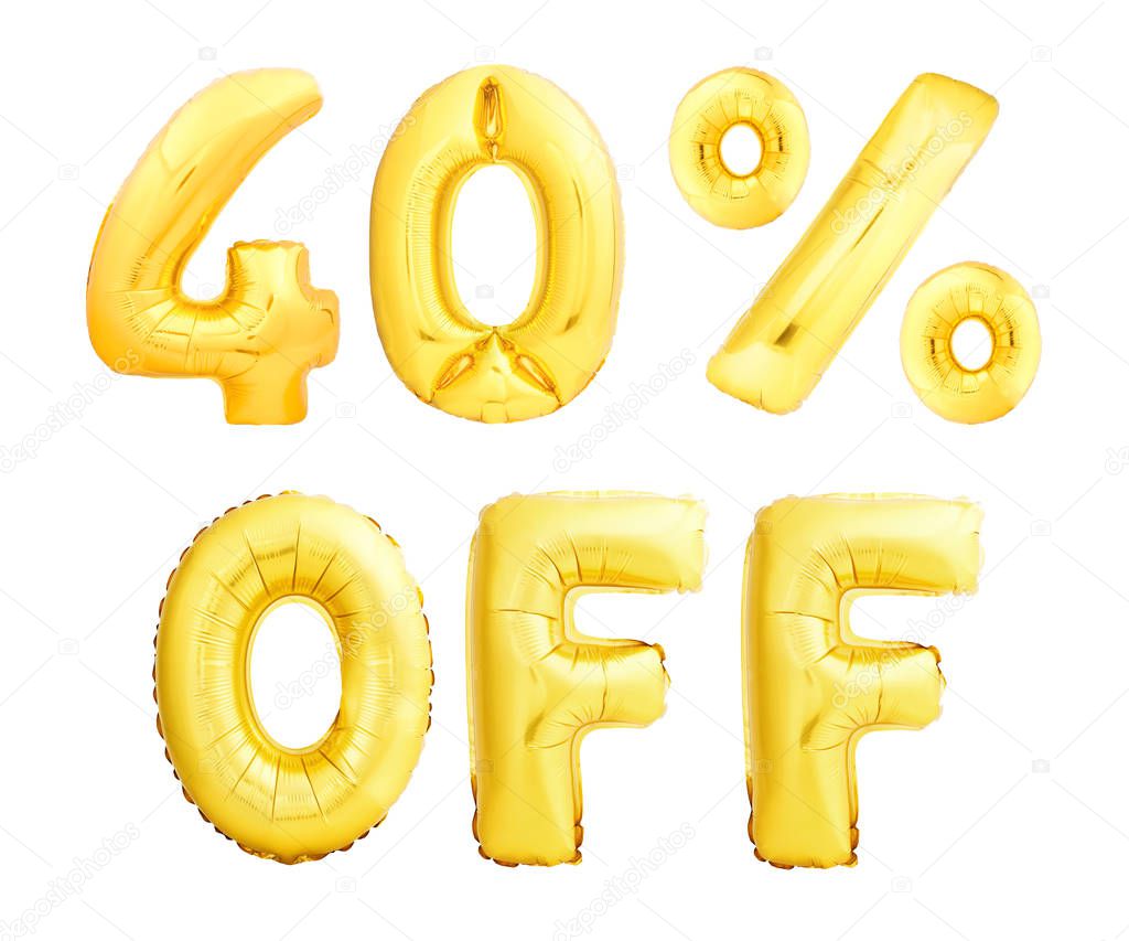 Forty percent off discount sign made of golden inflatable balloons isolated on white background