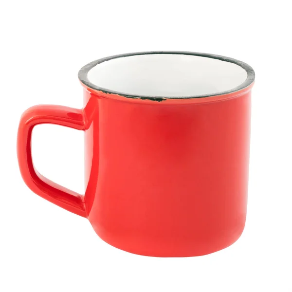 Red enamel mug isolated on white background — Stock Photo, Image
