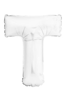 Beyaz T harfinin üzerinde beyaz izole şişme helyum balonu yapılmış