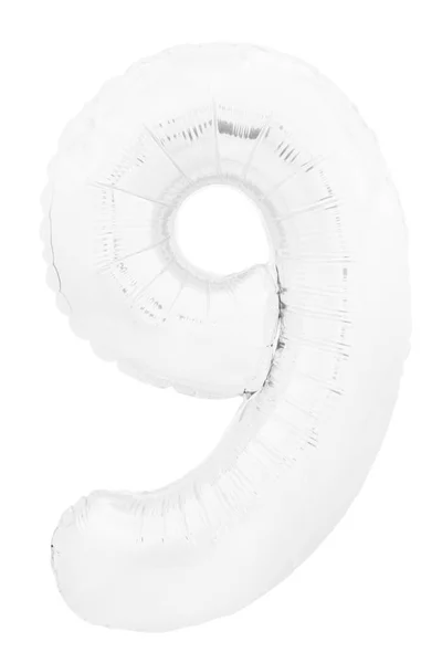 Bianco numero nove 9 fatto di palloncino di elio isolato su sfondo bianco — Foto Stock