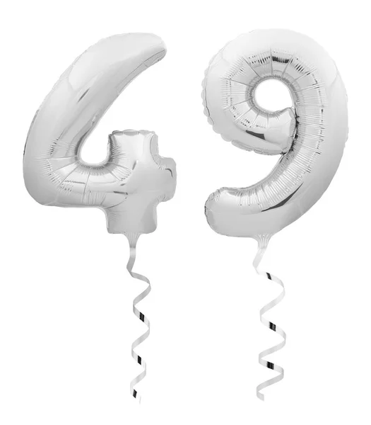 Srebrny chrom czterdzieści dziewięć 49 z balon nadmuchiwany z wstążki na białe — Zdjęcie stockowe