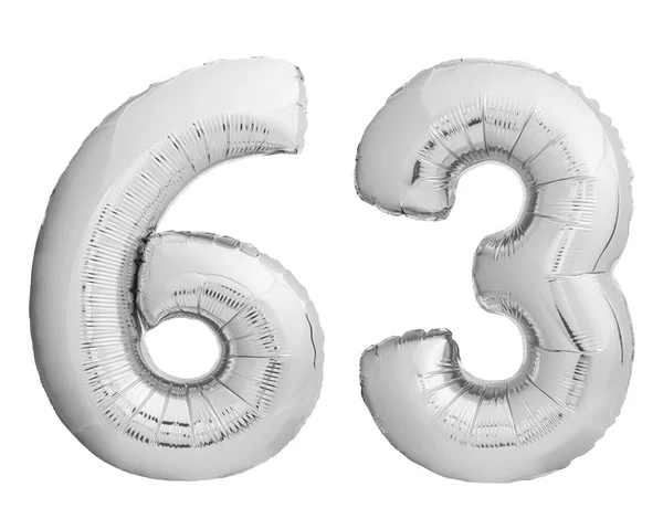 Silver chrome number 63 sixty three made of inflatable balloon on white — Stock Photo, Image