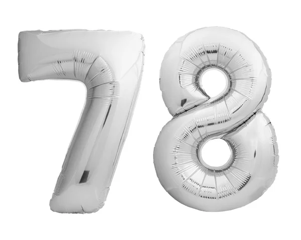 Срібний хромований номер 78 сімдесят вісім з надувної повітряної кулі на білому — стокове фото