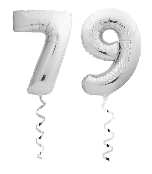 Silver chrome number seventy nine 79 made of inflatable balloon with ribbon on white — Stock Photo, Image