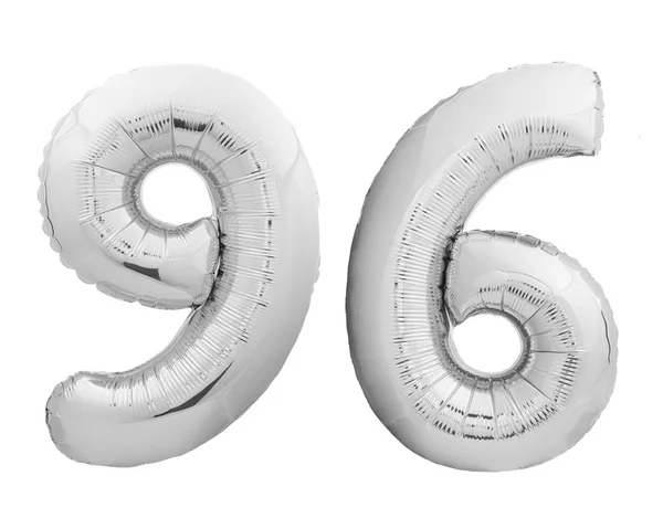 Серебряный хромированный номер 96 96 сделанный из надувного шарика на белом — стоковое фото
