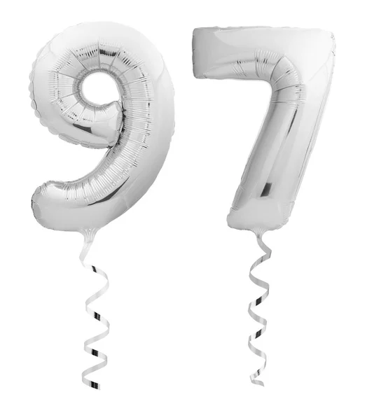 Número Cromo Prata Noventa Sete Feitos Balão Inflável Com Fita — Fotografia de Stock