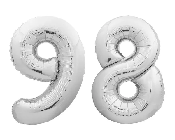 Silver chrome nummer nummer 98 nittio åtta gjorda av uppblåsbar ballong på vit — Stockfoto