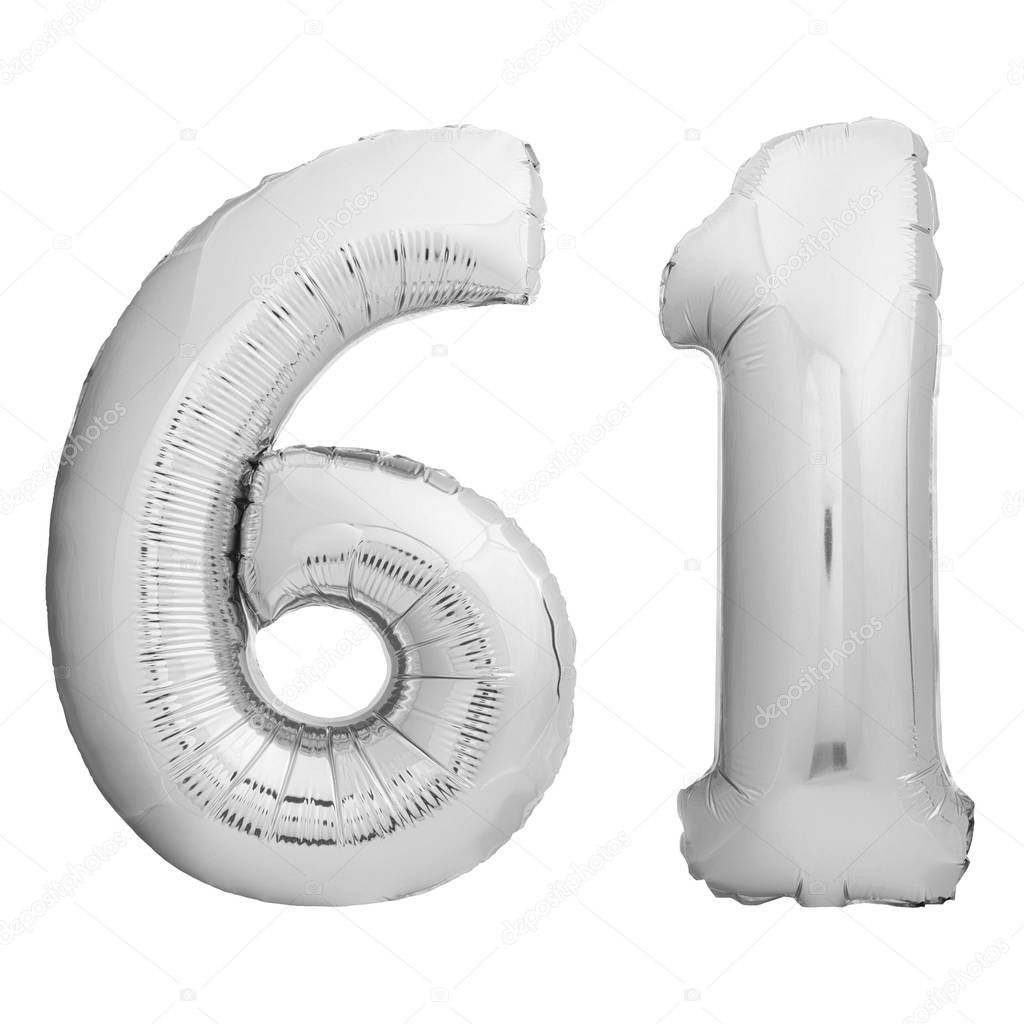 Silver chrome number 61 sixty one made of inflatable balloon on white