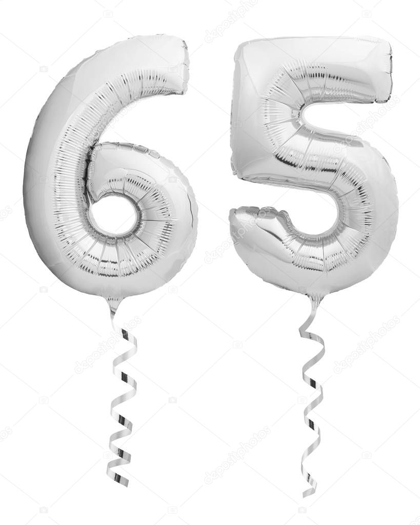 Silver chrome sixty five 65 made of inflatable balloon with ribbon on white