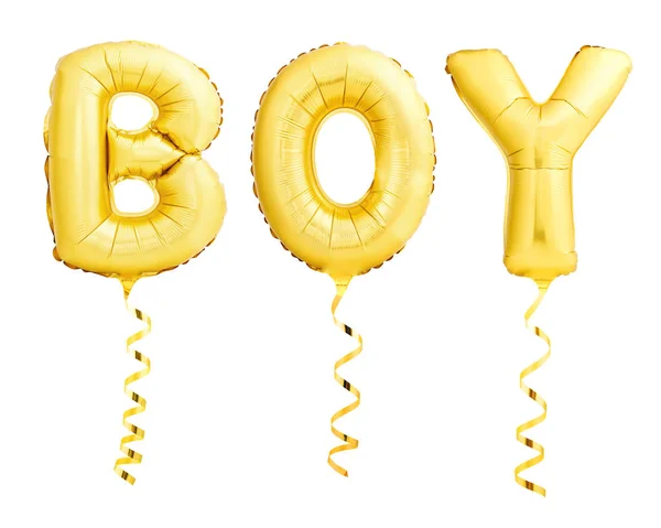 Word boy fait de ballons gonflables dorés avec des rubans sur fond blanc — Photo