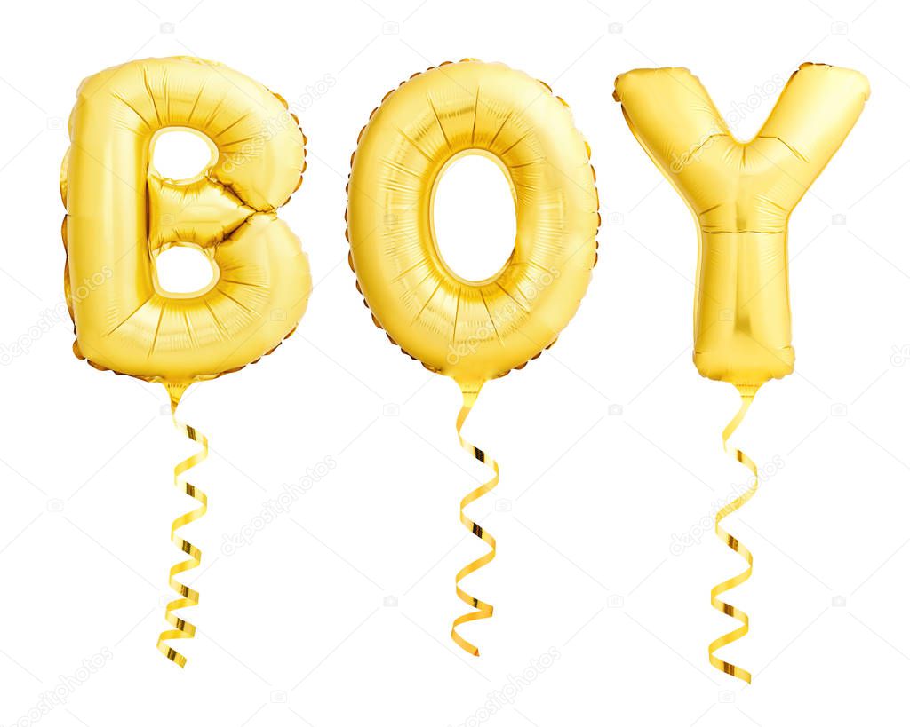Word boy made of golden inflatable balloons with ribbons on white background