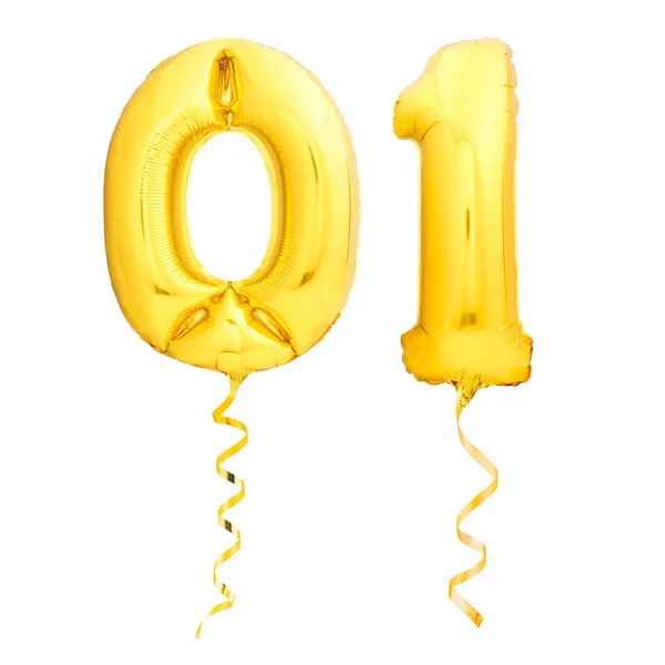 Golden number 01 made of inflatable party balloons with golden ribbons isolated on white background — Stock Photo, Image