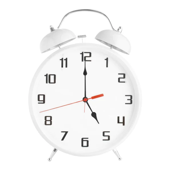 Relógio de alarme branco mostrando cinco oclock isolado no fundo branco — Fotografia de Stock