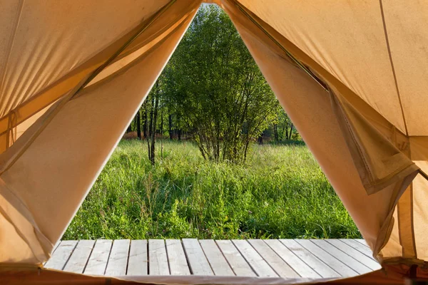 View from the canvas tent upon the green meadow — Stock Photo, Image