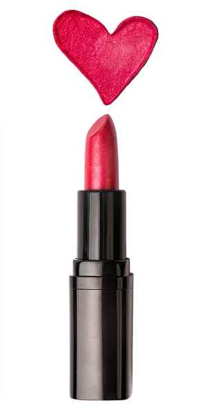 Rode lippenstift met lippenstift hart vorm penseelstreek geïsoleerd op een witte achtergrond — Stockfoto