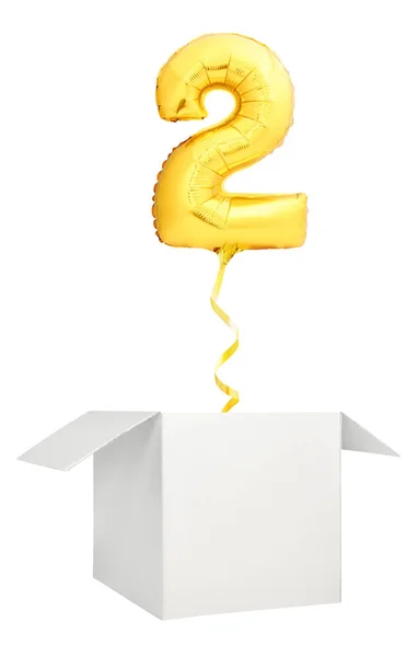 Golden Number Two Inflatable Balloon Golden Ribbon Flying Out Blank — Stock Photo, Image