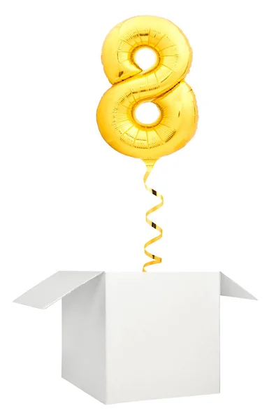 Złoty numer osiem balonu puste pudełka biały na białym tle — Zdjęcie stockowe