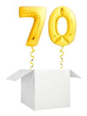 Altın sayı yetmiş balon beyaz arka plan üzerinde izole boş beyaz kutu dışında uçan