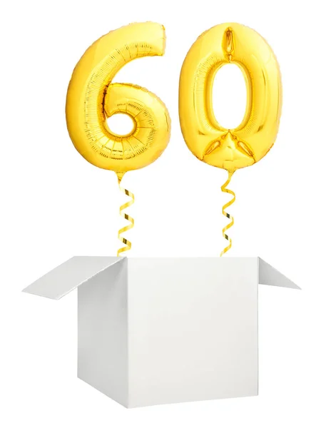 Número dourado sessenta balão voando para fora da caixa branca em branco isolado no fundo branco — Fotografia de Stock