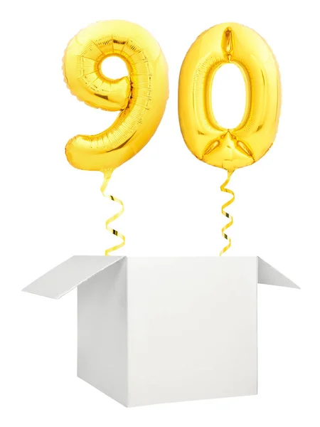 Złoty numer dziewięćdziesiąt balonu puste pudełka biały na białym tle — Zdjęcie stockowe