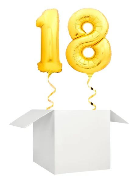 Golden number eighteen balloon flying out of blank white box isolated on white background — Stock Photo, Image