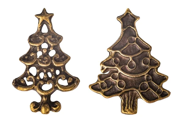 Set van twee vintage koperkleurig metalen kerstbomen geïsoleerd op witte achtergrond — Stockfoto