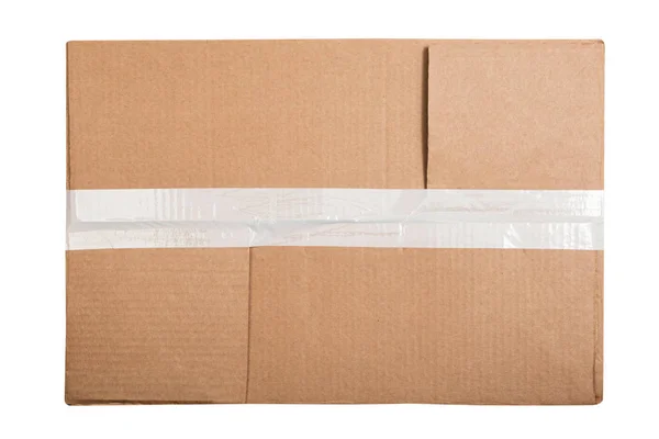 Caja de cartón rectangular con cinta adhesiva aislada sobre fondo blanco. Puesta plana —  Fotos de Stock