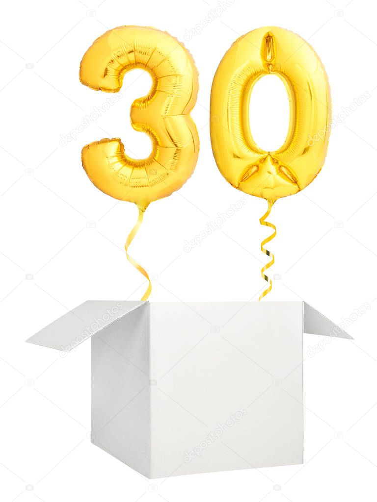 Golden number thirty balloon flying out of blank white box isolated on white background